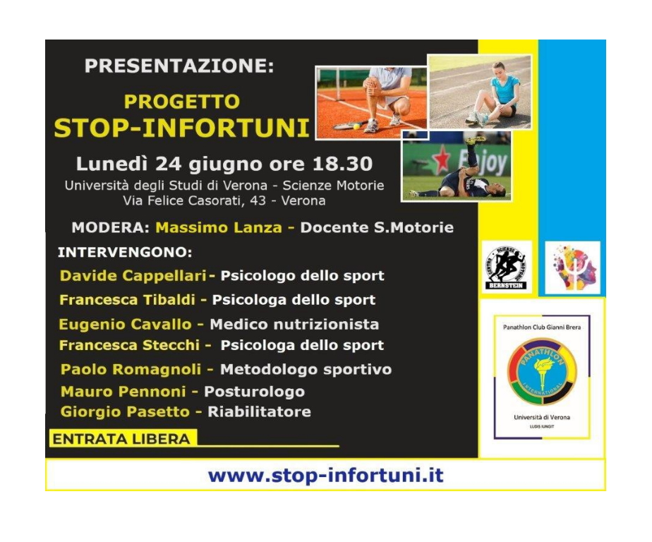 Locandina Progetto Stop-infortuni del 24 giugno 2024 con Francesca Tibaldi tra gli intervenuti