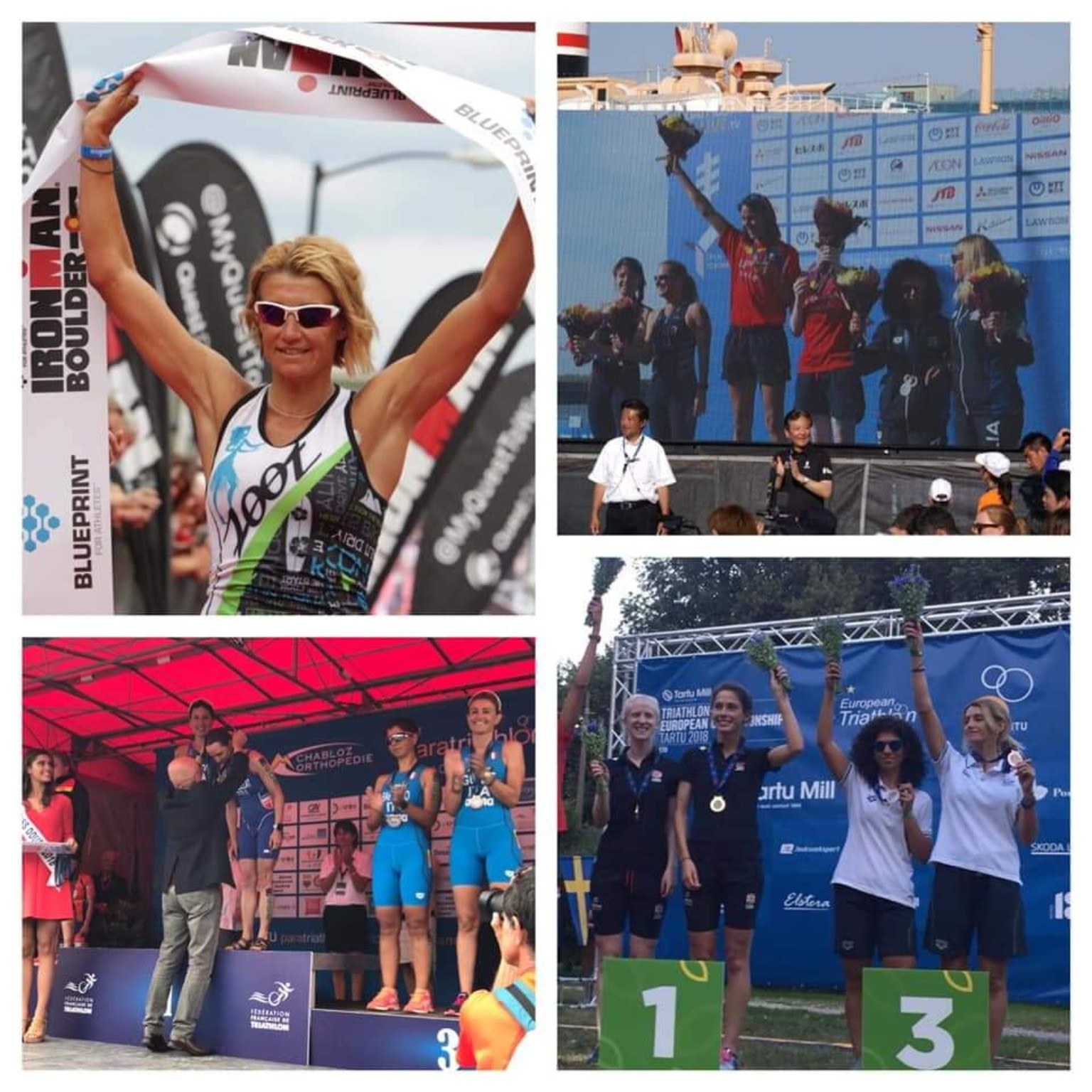 Collage del percorso sportivo di Francesca Tibaldi: un arrivo Ironman e premiazioni nel triathlon